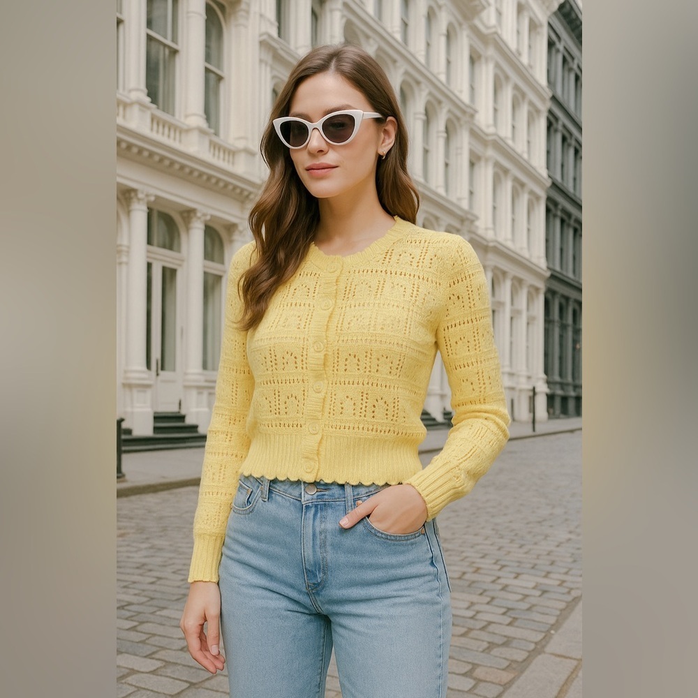 Women’s Faith & Zoe Buttercream Yellow Knit Button-Front Cardigan Sweater Medium - Picture 5 of 13
